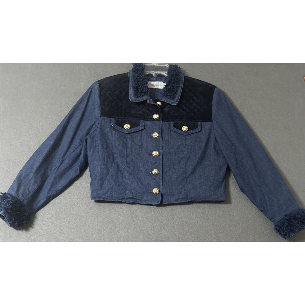 Vintage 80’s Howard Wolf Dallas Faux Fur Blue Jacket Velvet Yoke Gold Button 6
